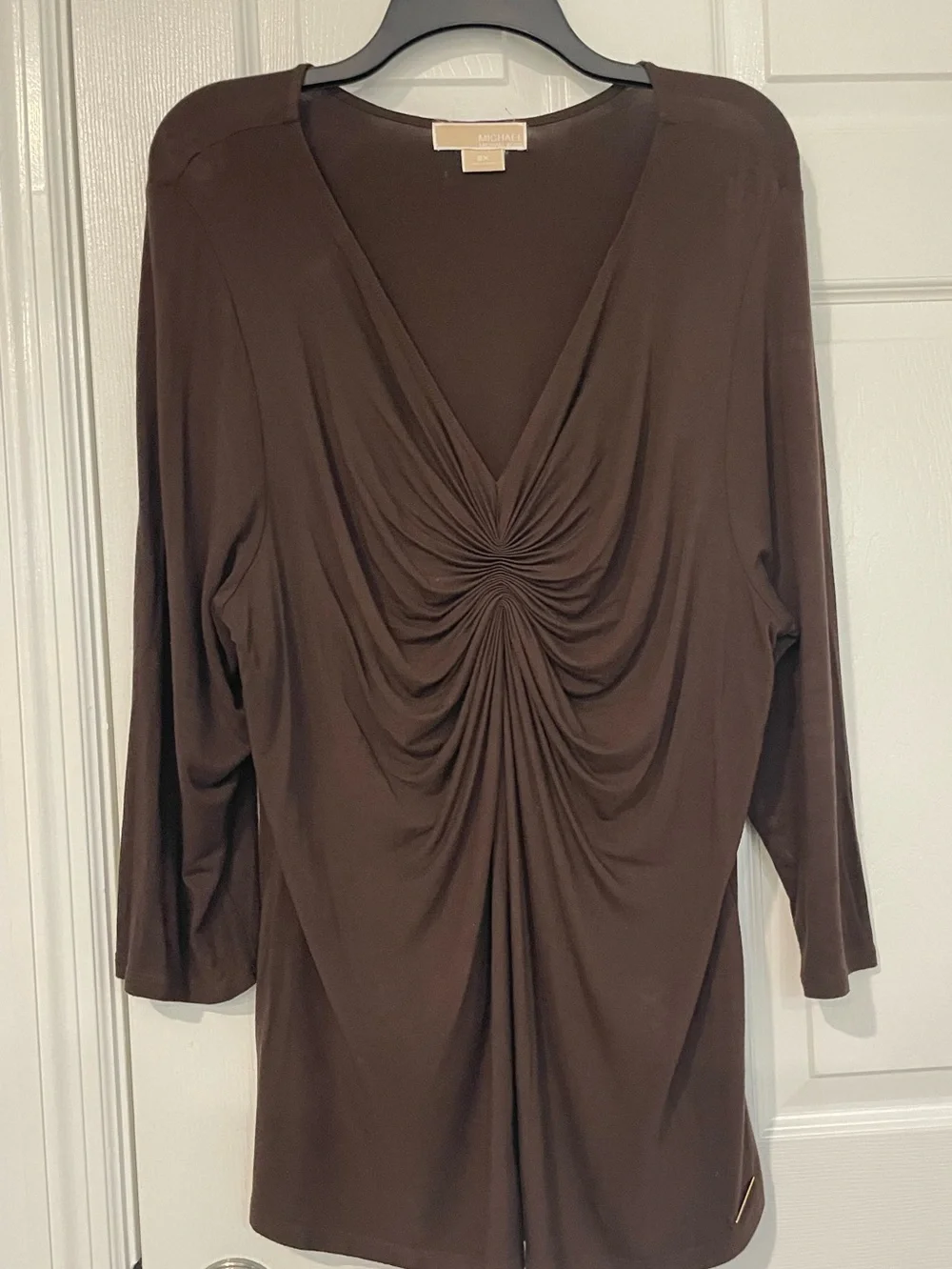 Michael Kors Brown Ruched V-Neck Long Sleeve Top 2X